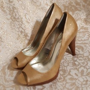Style & co metallic gold peep toe pumps.